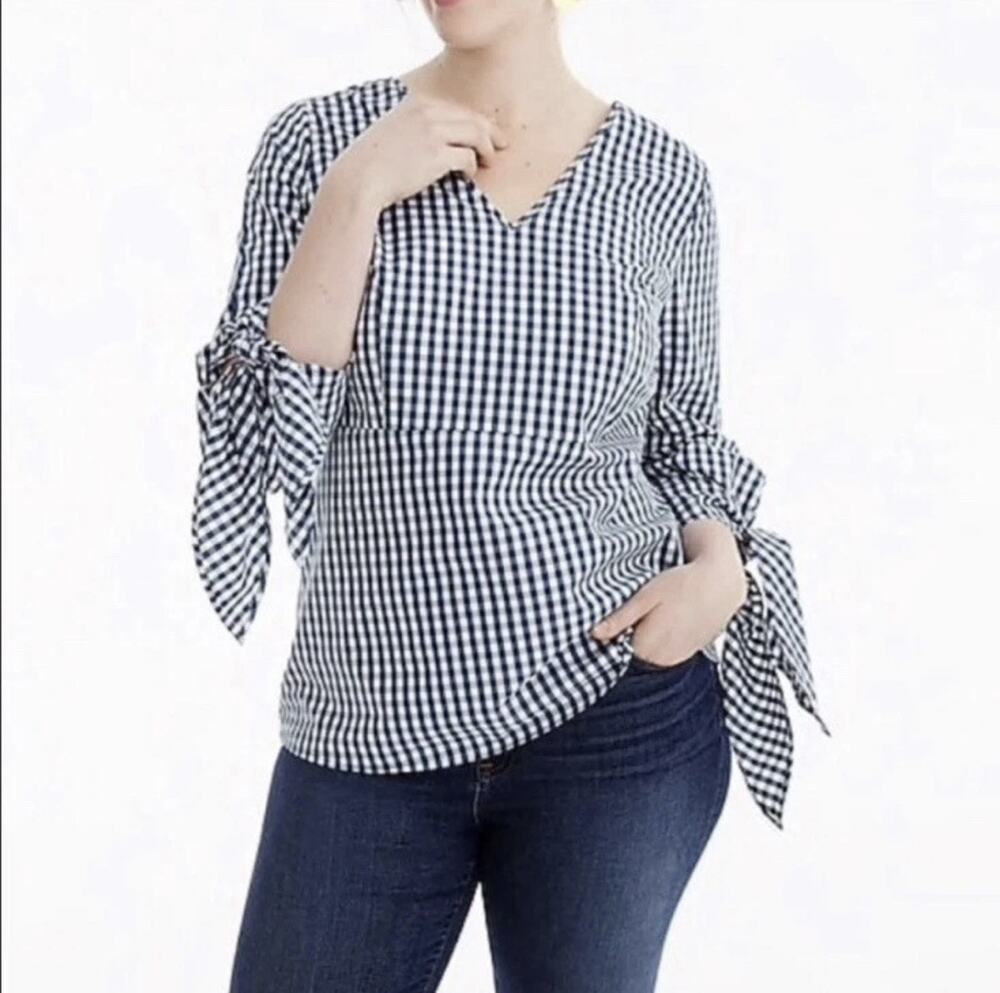 Universal Standard for J. Crew Small Blue & White Gingham Poplin Tie Sleeve Top